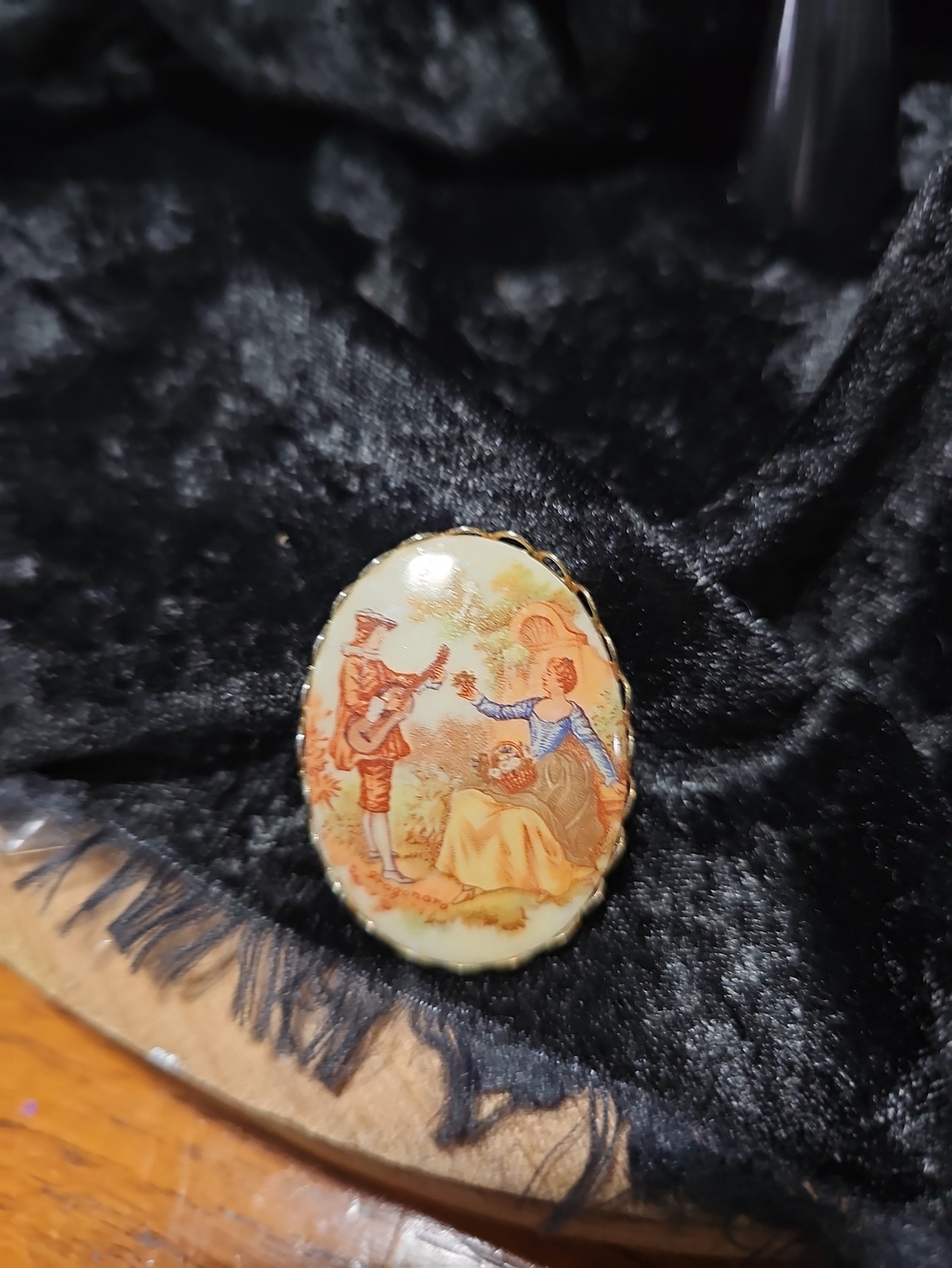 Vintage Style Hand-Painted Oval Brooch in Cream and Orange